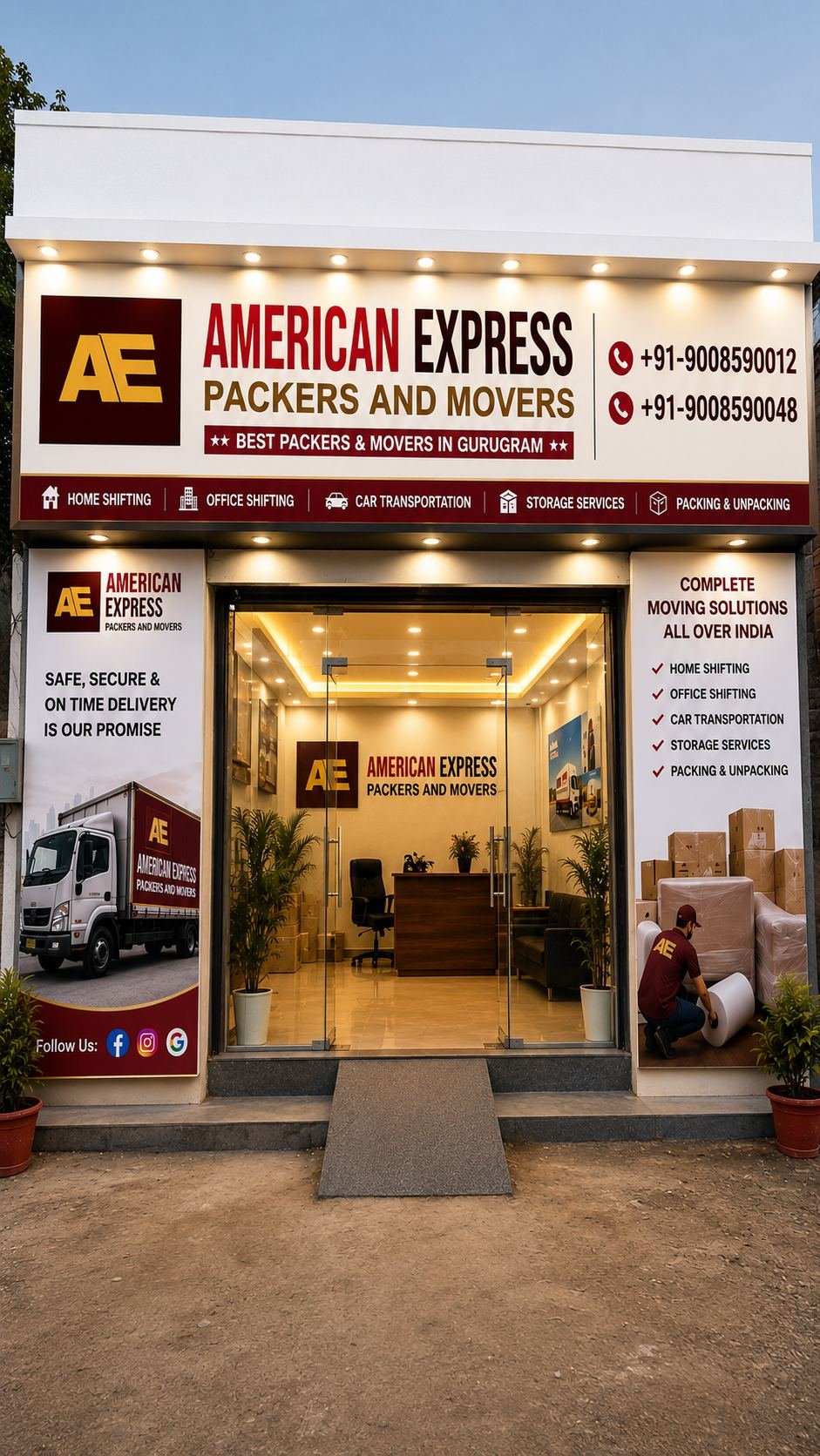 American Express Packers and Movers branded office with moving truck
